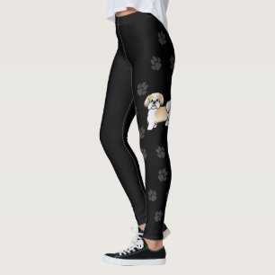 Leggings Shih Tzu de dessin animé or et blanc & pattes