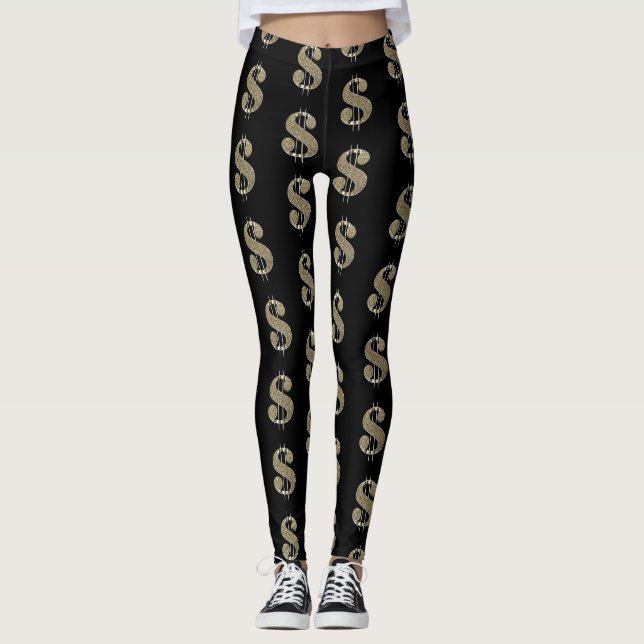 Leggings Signaux en dollars d'or et de pliage sur noir (Devant)