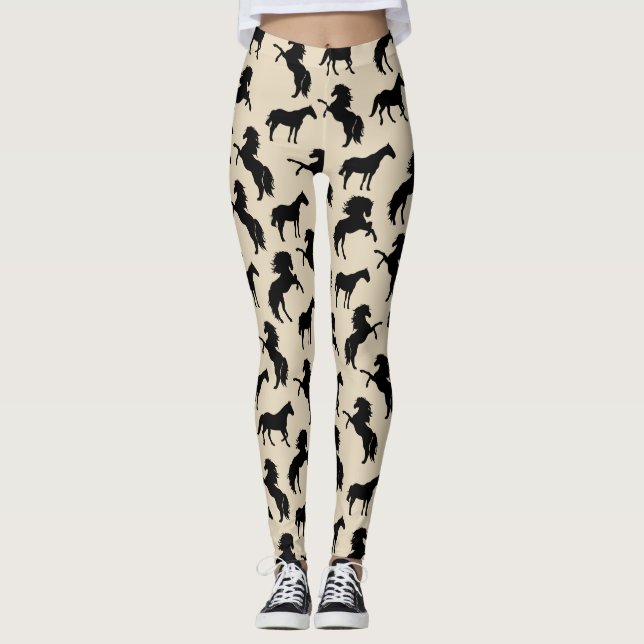 Leggings Silhouettes rustiques de Cheval Noir & Taupe (Devant)