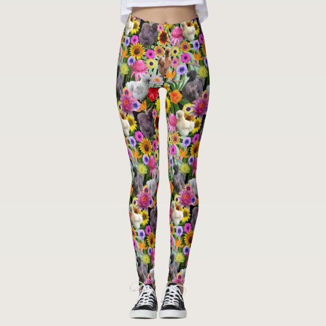 Leggings Silkie Bantam Poulets Feuilles de fleurs tropicale (Devant)