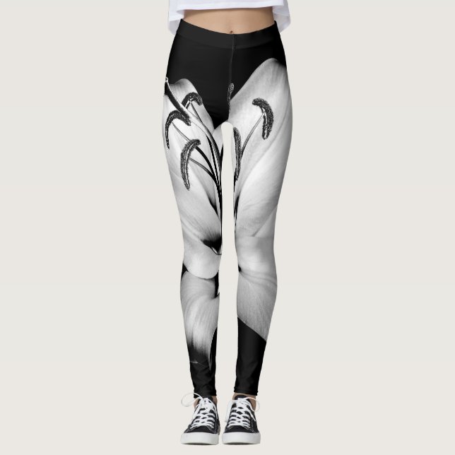Leggings Silver Lily : Élégance Florale Monochrome. (Devant)
