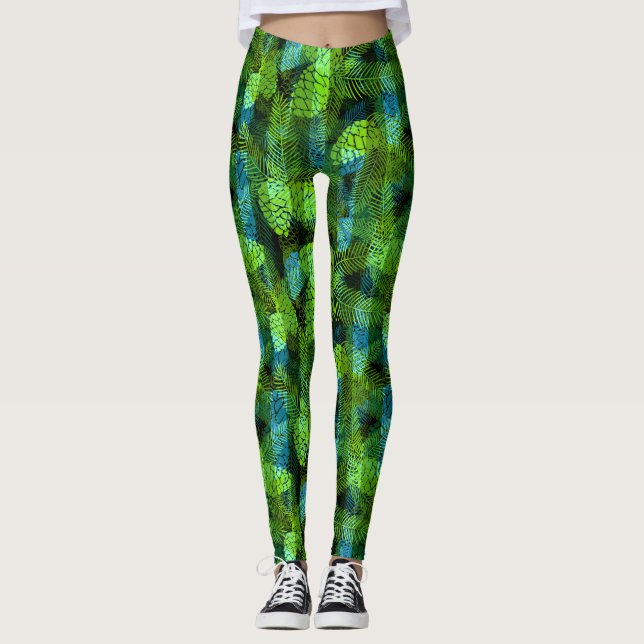 Leggings Simples hiver Noël vert vert cônes de pin bleu tr (Devant)