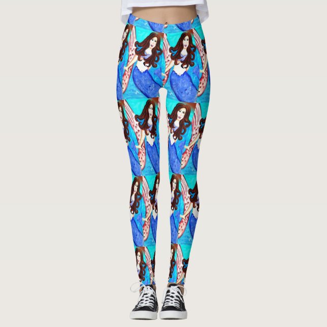 Leggings sirènes de brunes à queue bleue (Devant)