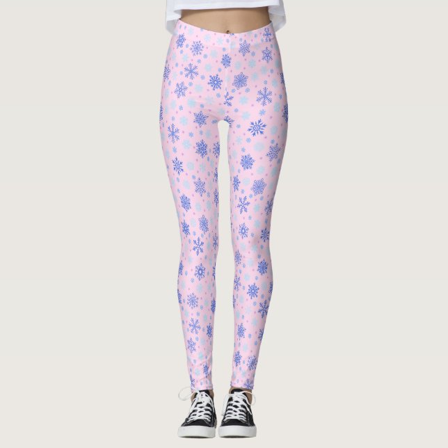 Leggings Snowflakes Pink Pastel Rose Élégant et élégant Gir (Devant)