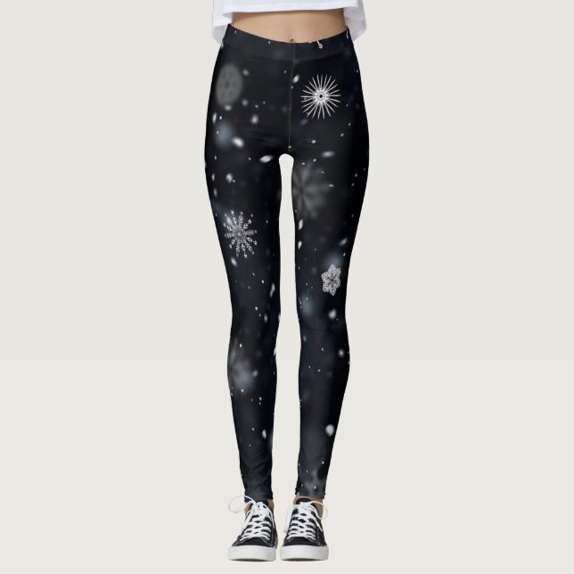 Leggings Snowflakes unique et Wintry sur noir (Devant)