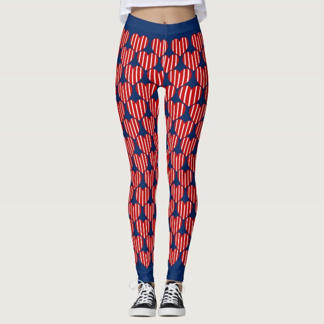 Leggings Socialite Bleu Rouge Blancs Coeurs rayés Motif (Devant)