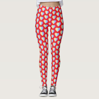 Leggings Soft Pastel Rainbow Hearts in Fire Red