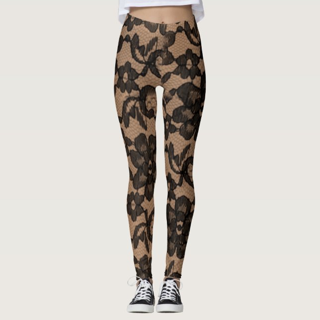 Leggings Spandex Tan & Black Elegant Faux Lace (Devant)