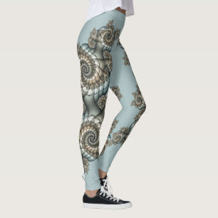 Leggings Spirales d'art fractal beige abstrait bleu clair