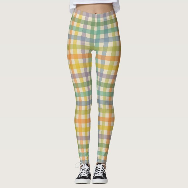 Leggings Spring Plaid Pattern in Orange Green and Brown (Devant)