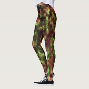 Leggings Stained green, red brownish with feathers effect.