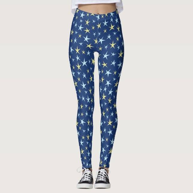 Leggings Stars Space Motif Retro 1960s Géométrique Bleu (Devant)