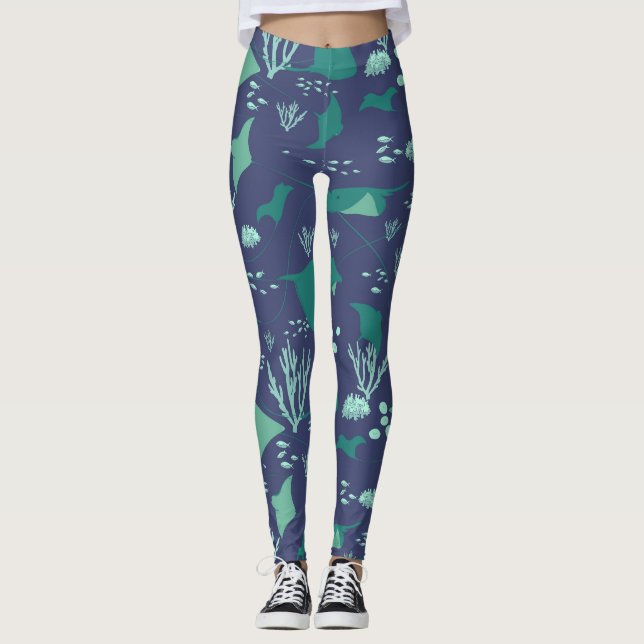 Leggings Stingray Marine Sea Life Motif bleu profond (Devant)
