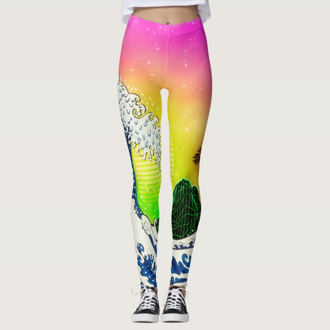 Leggings Style années 80 La grande vague et palmiers (Devant)