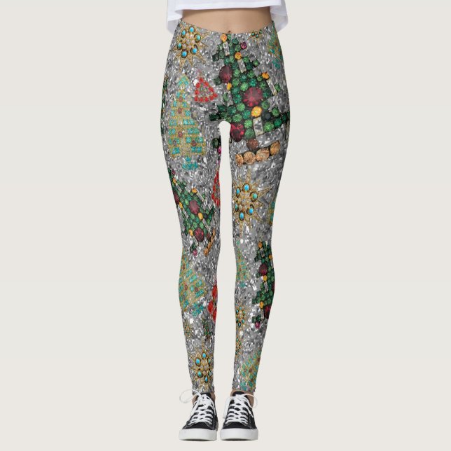 Leggings Style Noël Arbre Bijou Bling Argent (Devant)