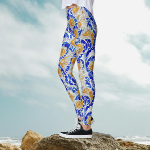 Leggings Style Oriental Bleu Et Jaune Floral Arabesque