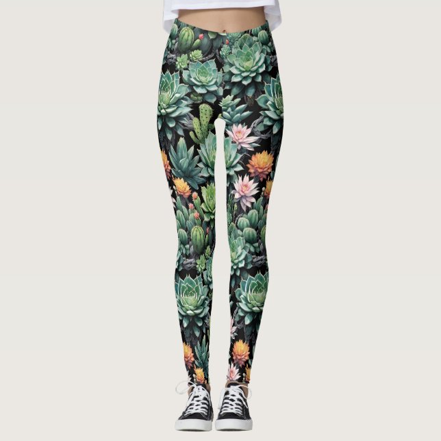 Leggings Succulents verts et fleurs de cactus en fleurs Noi (Devant)