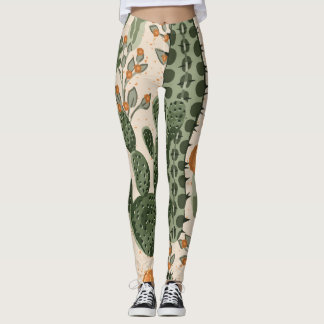 Leggings Succulents verts, fleurs oranges, papier peint de 