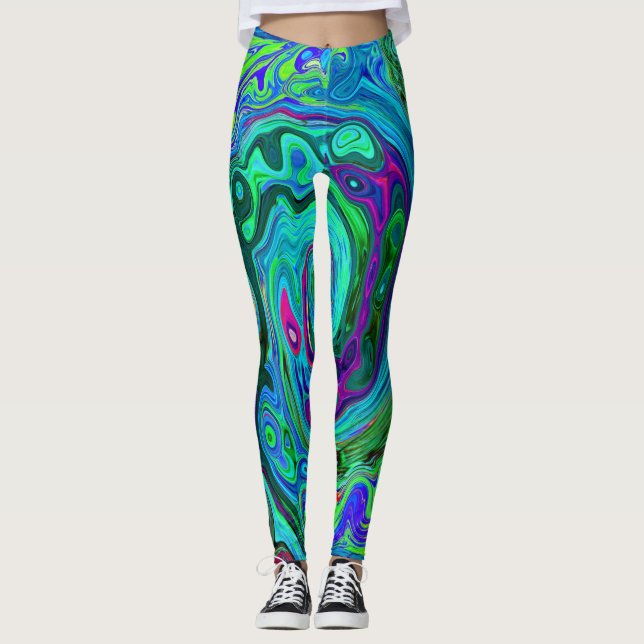 Leggings Super Abstrait Retro Green et Blue Swirl (Devant)