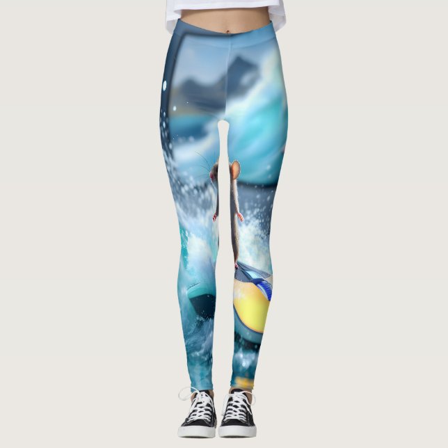 Leggings Surreal Mouse Surfing Digital Waves – Whimsical Te (Devant)