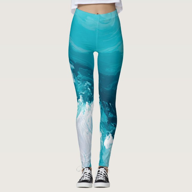 Leggings Swirling Turquoise Waves Abstract Ocean Wave Art (Devant)