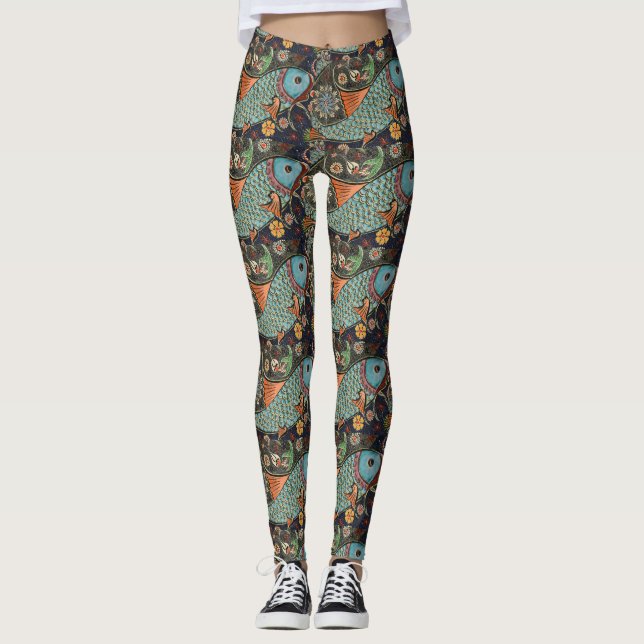 Leggings Symbole chinois du poisson Jambes Brown et Turquoi (Devant)