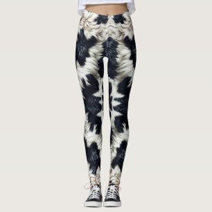 Leggings Taches de vache noir et blanc à l'aspect poilu