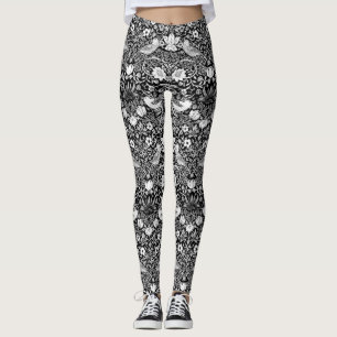 Leggings Tapisserie Art Nouveau Oiseau & Fleur, Noir & Blan