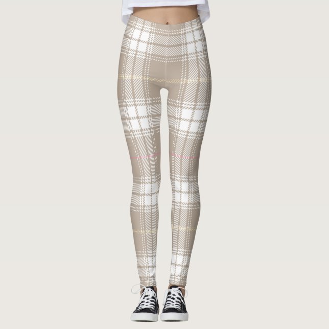 Leggings Tartan blanc beige Plaid Motif Russe  (Devant)