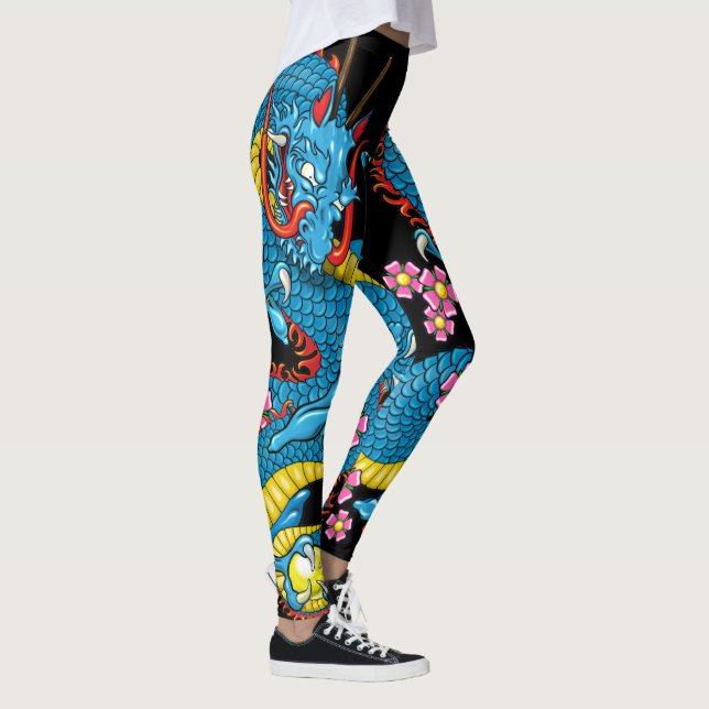 Leggings Tatouage de dragon en fleurs de cerisier bleu en n (Droite)