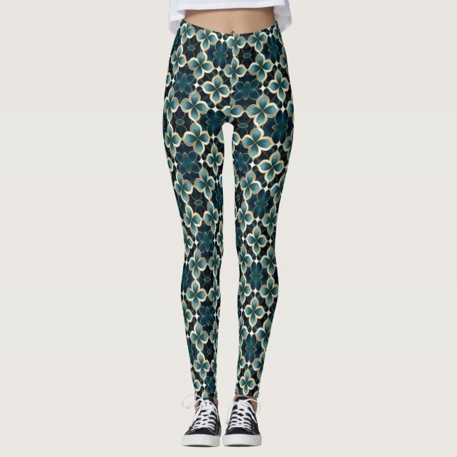Leggings Teal Blue Gold Black Floral Art Déco Gym Inspiré (Devant)
