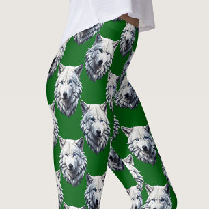 Leggings Tête de loup blanc motif design vert 