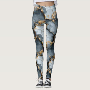Leggings Texture de marbre bleu foncé avec veines d'or liqu