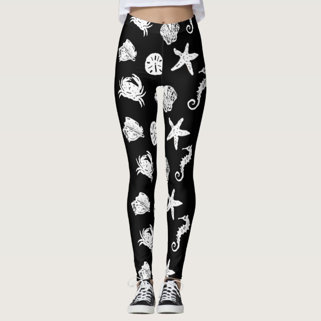 Leggings Thème nautique noir et blanc de plage de créatures (Devant)