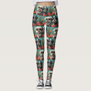 Leggings Tibetan Terrier avec Roses du cœur Saint-Valentin