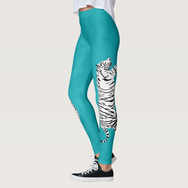 Leggings Tigre blanc et noir sur Turquoise, bleu turquoise (Gauche)