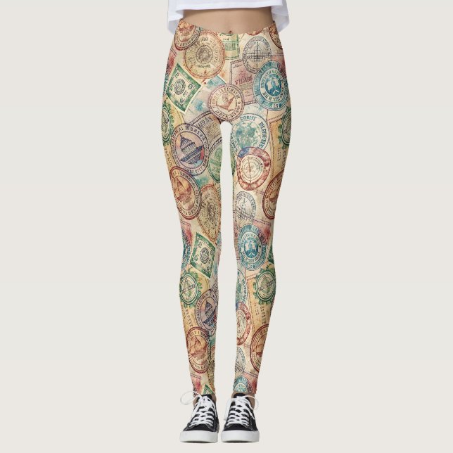 Leggings Timbre de passeport rustique motif de voyage (1) (Devant)