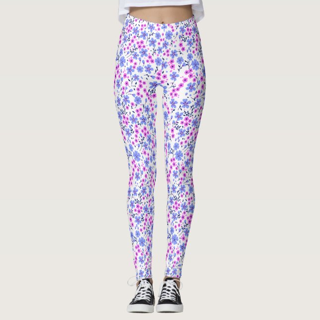 Leggings Tiny cute white blue pink floral pattern (Devant)