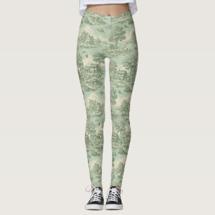 Leggings Toile de Jouy verte sage pastorale Scène de ferme