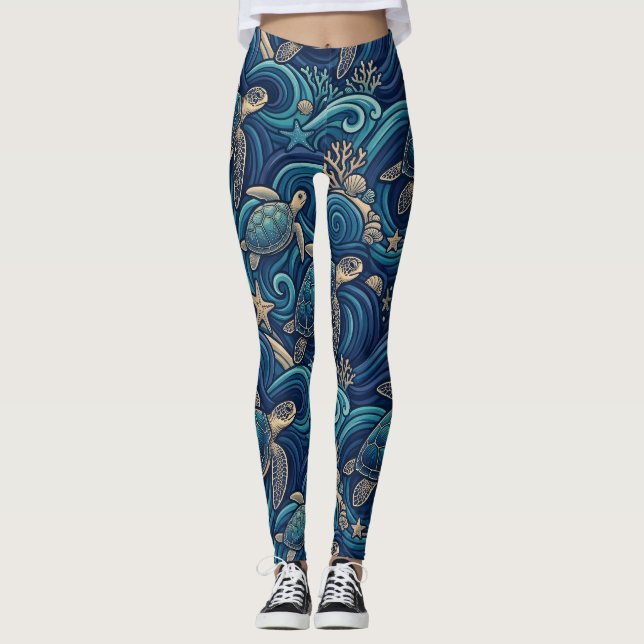 Leggings Tortues de mer, Palmiers et Motif de Vagues (Devant)