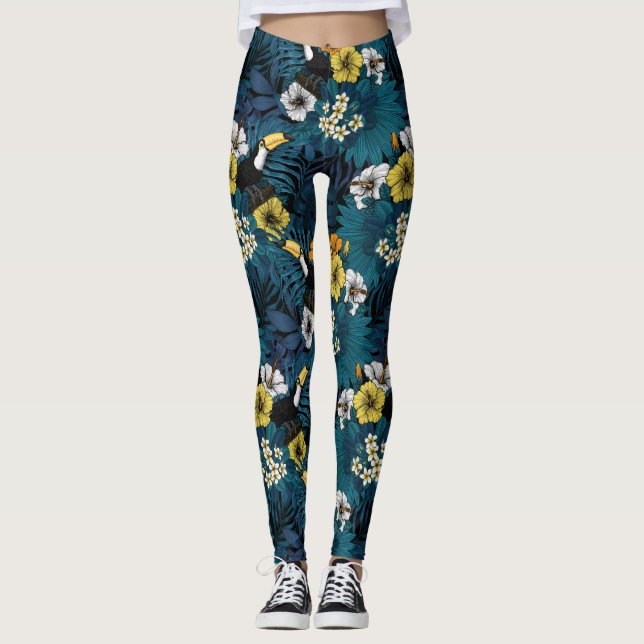 Leggings Toucans et flore tropicale, bleu, jaune, orange (Devant)