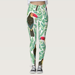 Leggings Toucans, feuilles tropicaux, motif décoratif.