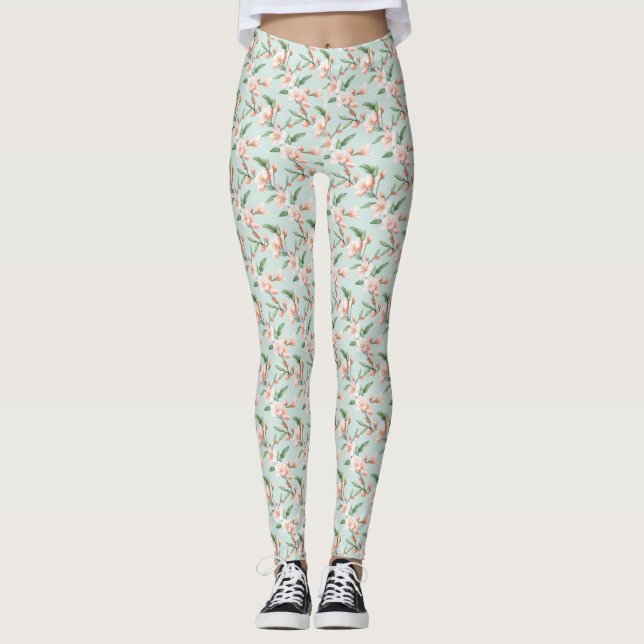Leggings Tout-Sur-Imprimés en fleurs d'arbre rose (Devant)