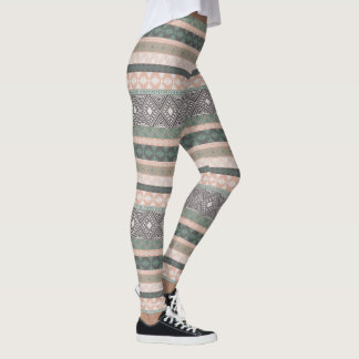 Leggings Tribal Géométrique Tissu Boho Vert Beige