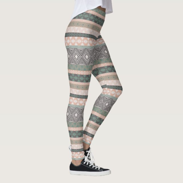 Leggings Tribal Géométrique Tissu Boho Vert Beige (Droite)