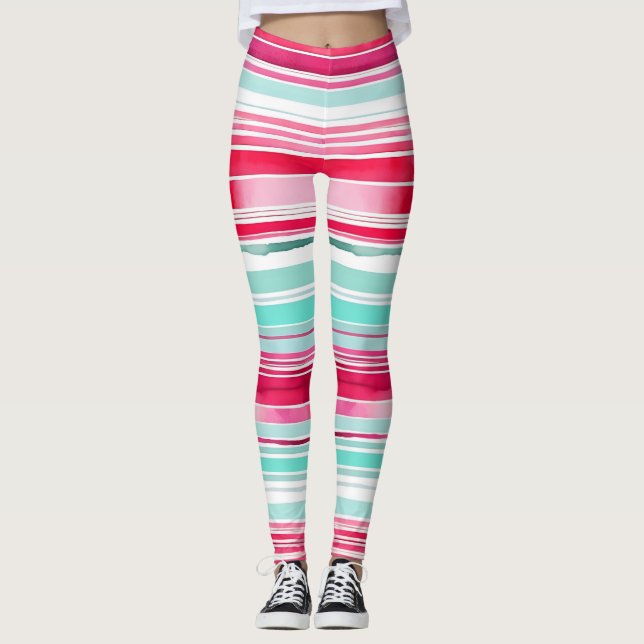 Leggings Tripe d'aquarelle moderne Preppy Cyan Magenta (Devant)