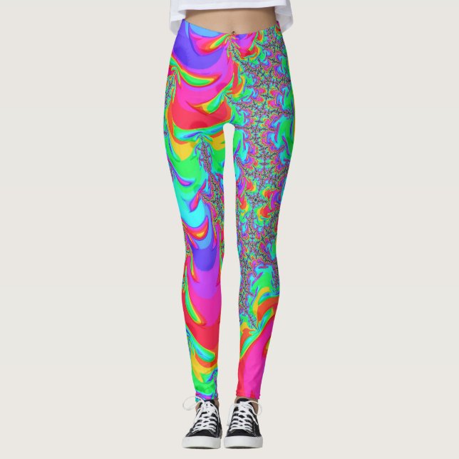 Leggings Trippy Retro Vibrant Neon Arc-en-ciel Fractal Art (Devant)