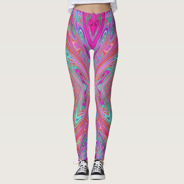 Leggings Trippy rose, Aqua et Magenta papillon Abstrait (Devant)