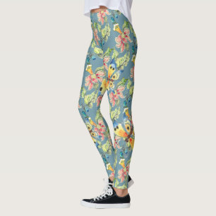 Leggings Tropical Blue Butterfly Exotic Flower Motif