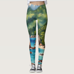 Leggings Tropical Green and Blue Seychelles Beach